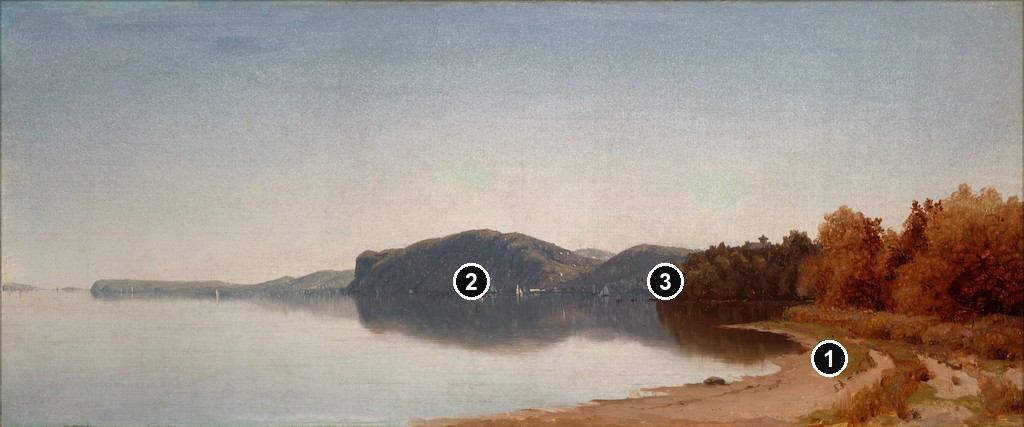 Annotated details from Hook Mountain by Sanford Robinson Gifford